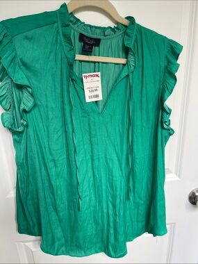 Rachel Teal Green Ruffle Sleeve V-Neck Blouse